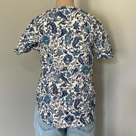 Women's Floral Top Shirt Blouse (8L98M9) Blue White Strings - Picture 2 of 4
